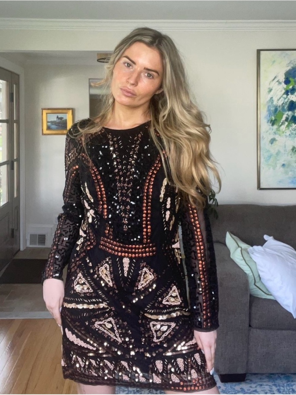 Black Sequined Long-Sleeve Cocktail Dress
